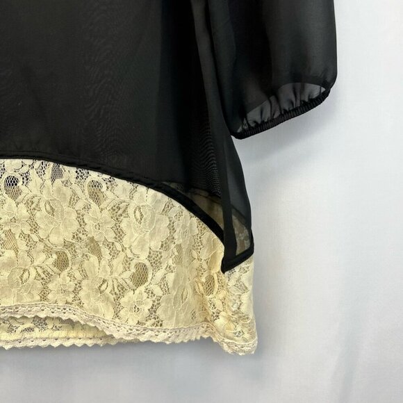 Lily White Womens Blouse Black 3/4 Sleeve Scoop Neck Sheer Lace USA M - Picture 5 of 10